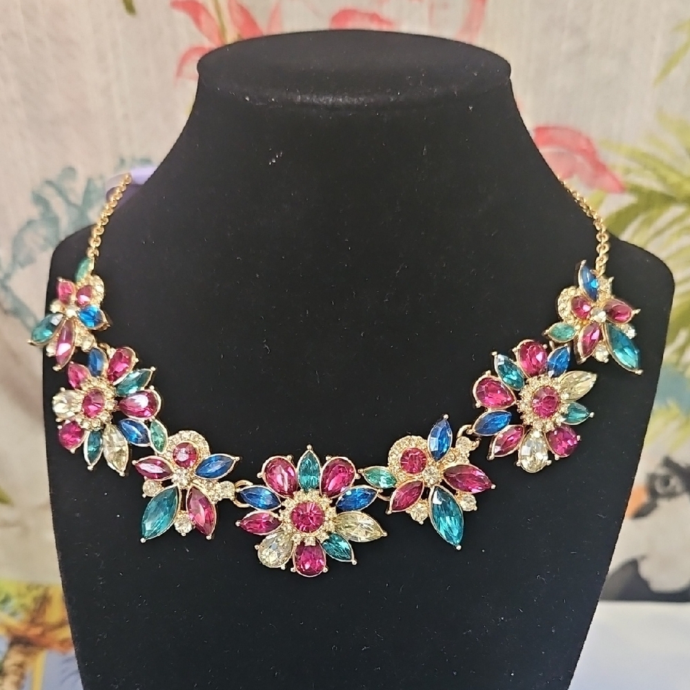 Floral Gemstone Necklace in Gold, Pink, and Blue